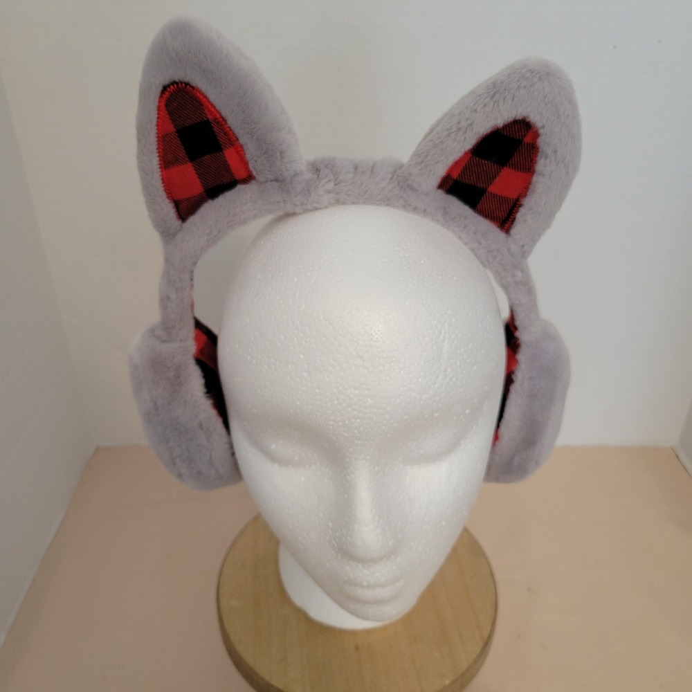Great Wolf Lodge Wolf Ear Earmuffs Grey Faux Fur Red Buffalo Plaid Winter Kids